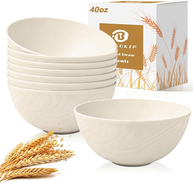 40 OZ Cereal Bowls 8 PCS, Unbreakable & Lightweight Wheat Straw Bowl by BUSOKIP