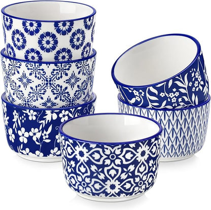 vancasso Selene 4 oz Mini Ceramic Ramekins Set of 6, Oven-Safe Baking Cups for Crème Brûlée, Soufflés, Desserts, Handcrafted Blue and White Patterns