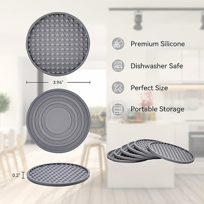 Coasters for Drinks, Silicone Coasters Set of 8 with Metal Holder, Outdoor Coaster for Coffee Table, Non-Slip Rubber Table Cup Mat Desk, Heat Resistant & Scratch-Proof (Grey)