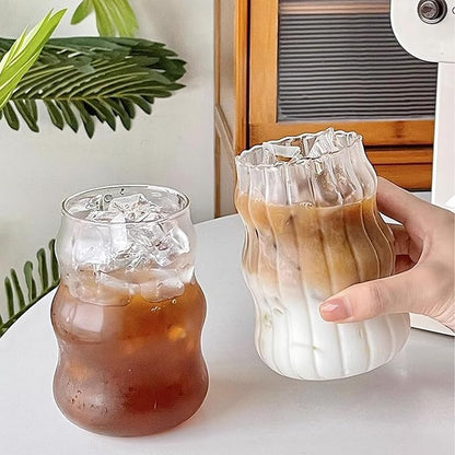 2 Pcs Ribbed Glass Cups 18 Oz Vintage Drinkware Wavy Ribbed Design Ideal by Unknown