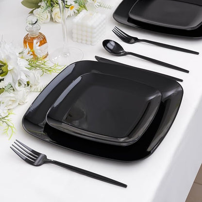 PULOTE 60PCS Black Square Plastic Plates Disposable - Include 30 Dinner and 30 Dessert Plates,Ideal for Party&Halloween