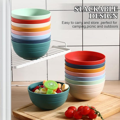 Eccliy 24 Pcs Wheat Straw Bowl Sets, Unbreakable Cereal Bowl 24 oz, Microwave and Dishwasher Safe Bowls for Cereal, Salad, Snack and Soup, Winter Style(Pink, Blue, Green, Beige, Orange, Yellow)