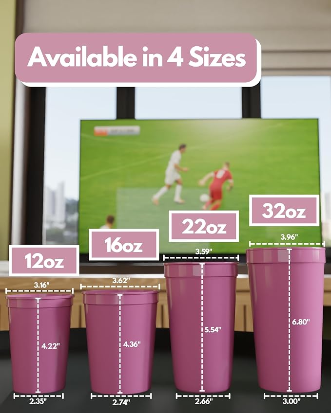 PartyPrints 100 Pack 16 oz Pink Reusable Blank Plastic Cups, Stadium Cups Bulk - Image 4
