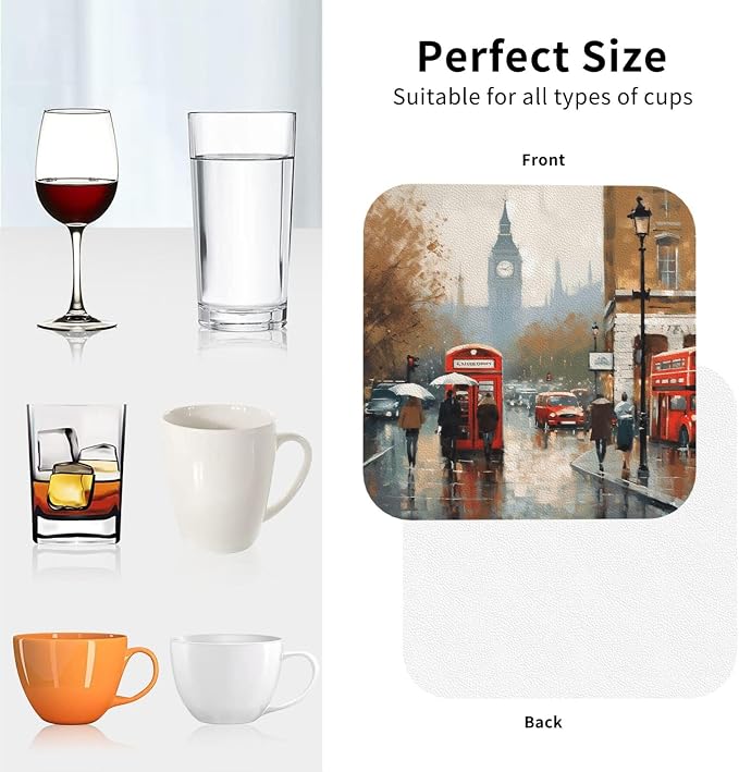 4Pcs Leather Coaster for Drinks London Impression Cup Coasters Aesthetic Drink - Image 4
