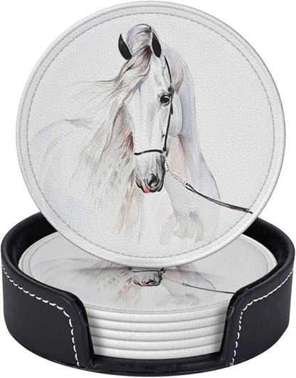 6 Pcs White Horse Animal Leather Coasters - Image 2