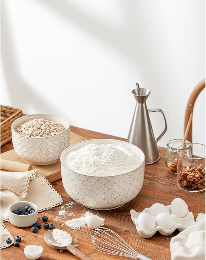 Mikiegy Ceramic Mixing Bowls Set of 2, Nesting Ceramic Embossment Stoneware - Image 7