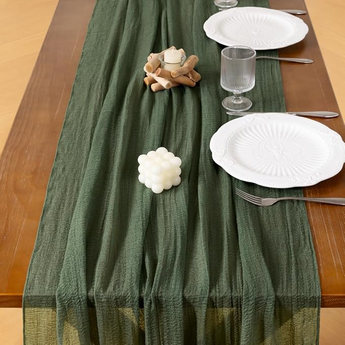 Cheesecloth Table Runner Summer Boho Wedding Shower Party Home Decor | Olive - Image 5