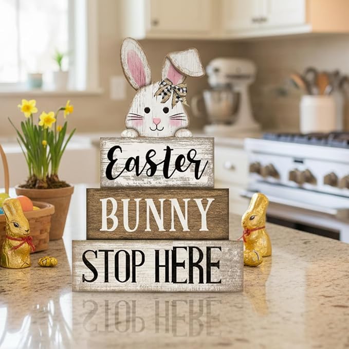 Moucuny 4 Pcs Easter Bunny Table Decoration Stacked Wooden Bunny Block Decor - Image 8