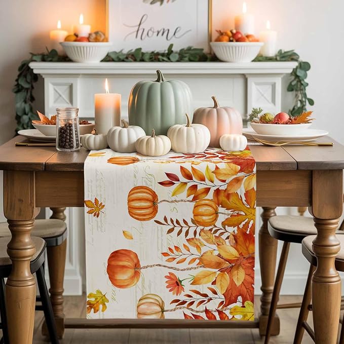 Orange Pumpkin Fall Table Runner 70 Inches Long, Thanksgiving Maple Eucalyptus - Image 2