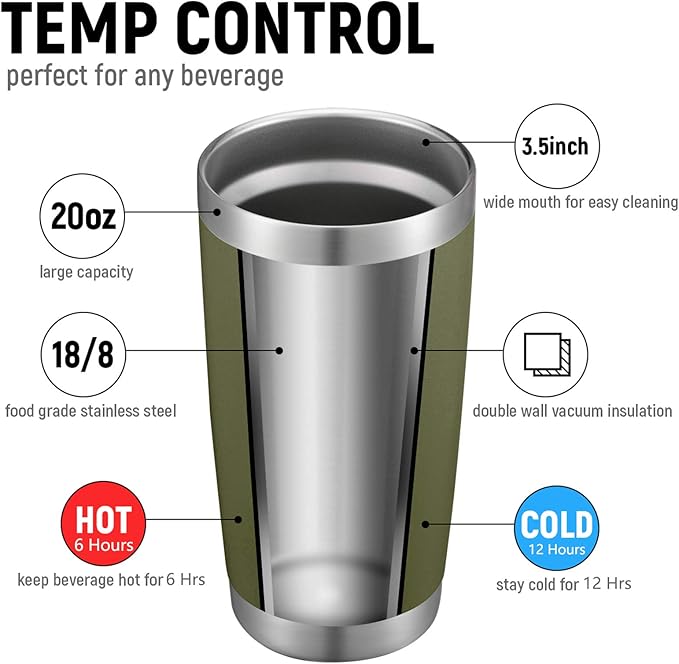 COMOOO 20oz Tumbler 8 Pack Double Wall Vacuum Insulated Travel Mug, Stainless Steel Tumbler with Lid and Straw Durable Powder Coated Insulated Coffee Cup for Cold & Hot Drinks,army green, 8 pack
