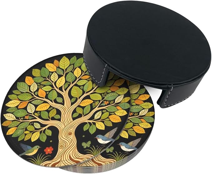 Drink Coasters with Holder Stand Set of 6, Tree of Life Vintage Pu Leather - Image 7