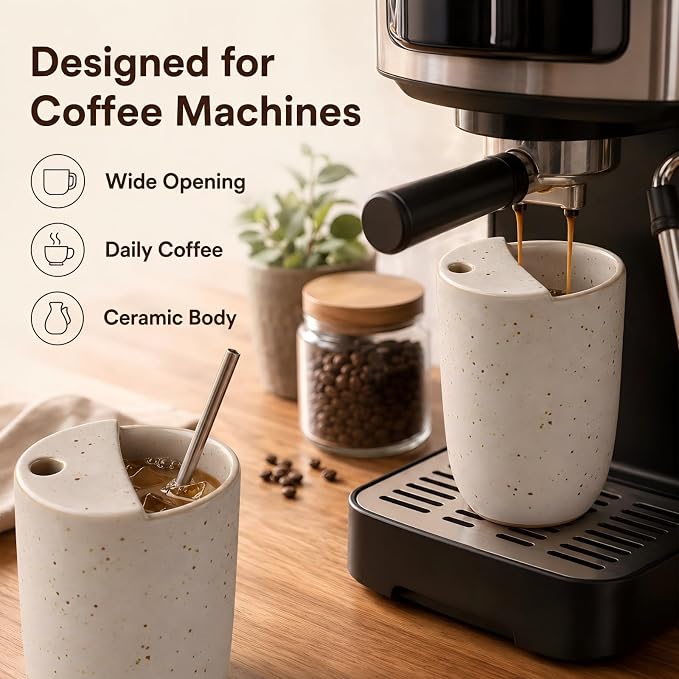 2 Pack Ceramic Coffee Mug with Sip Hole 9.5oz Retro Espresso Cup Travel Mug - Image 3