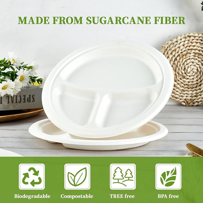 Compostable Disposable 3 Compartment Paper Plates, 10 inch, Heavy-Duty - Image 5