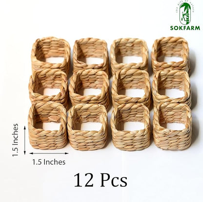 12 Pcs Square Woven Napkin Rings, Water Hyacinth Easter Napkin Rings Set Of 12, Anillos Para Servilletas De Tela, Boho Napkins Holder For Elegant Table Decoration, Christmas Table Decor, Wedding Decor