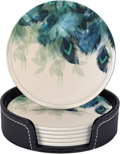 6 Pcs Peacock Feather Turquoise Bird Leather Coasters by Jfniub