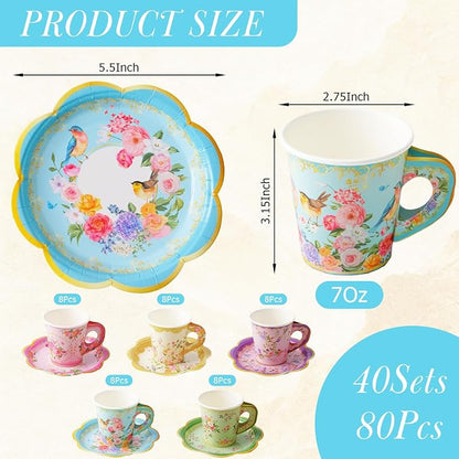 Disposable Tea Cups and Saucers, Floral Paper Tea Cups and Plates Serves 40 | - Image 2