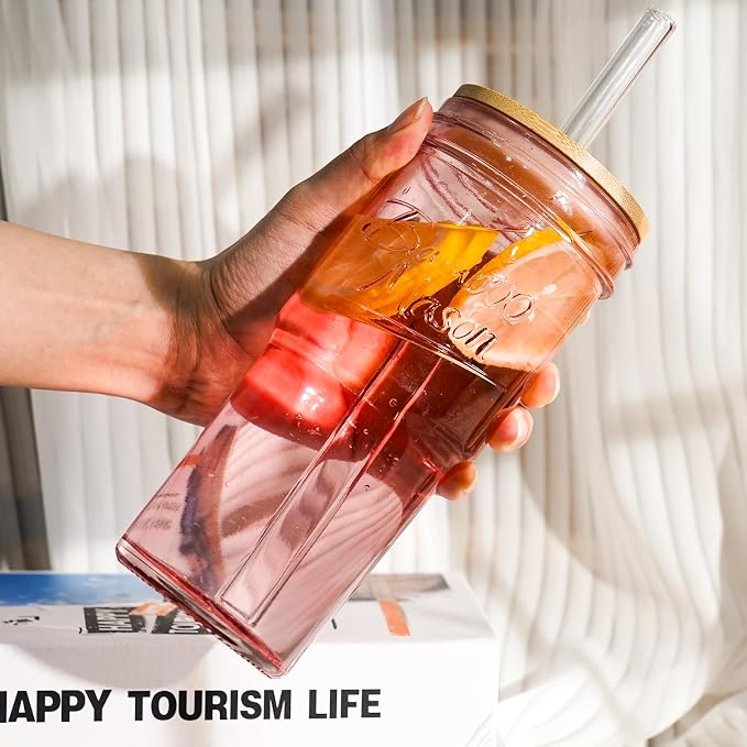 ANOTION Glass Cups with Lids and Straws, 24oz Pink Glass Tumbler Travel Coffee - Image 3