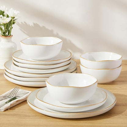 Dinnerware Set for 4, Ceramic Dish Set, Plate and Bowl Set, Microwave & Dishwasher Safe Dishware Set, Chip & Scratch Resistant Dinner Sets, Irregular Edge Design, White