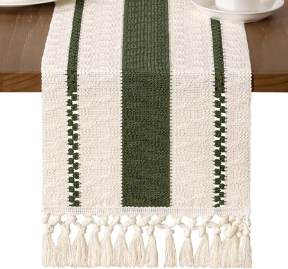 MLMW Boho Table Runner 60 inches Olive Green&Ivory Small Coffee Table Runner by MLMW