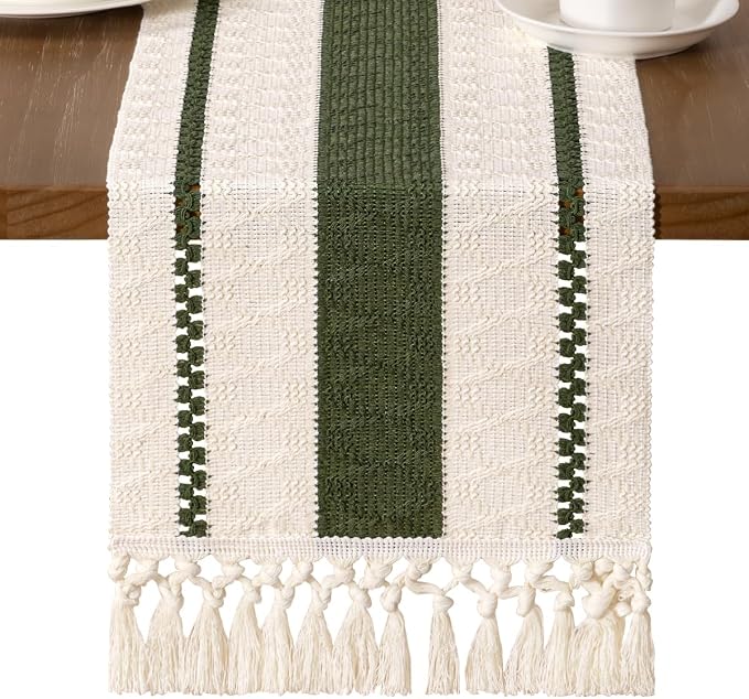 MLMW Boho Table Runner 40 inches Olive Green&Ivory Small Coffee Table Runner by MLMW