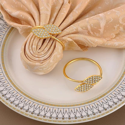 Set of 100 Napkin Rings Metal Gold Elegant Bling Leaves Rhinestone Napkin Ring, Napkin Rings Bulk Dinner Banquet Serviette Decor, Dining Table Setting for Thanksgiving Christmas Holiday Wedding Party