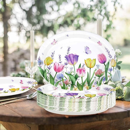 50 Pcs Tulip Oval Paper Plates Large 10" x 12" Tulip Lavender Floral Plates Disposable Heavy Duty Butterfly Flower Plates for Easter Spring Wedding Bridal Baby Shower Decor Birthday Tea Party Supplies