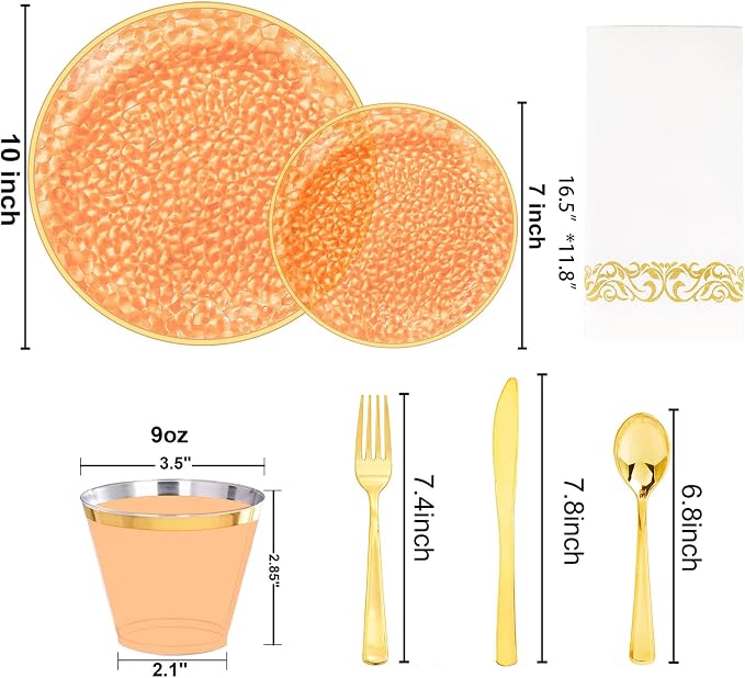 Rubtlamp 175 Pcs Plastic Dinnerware Set, Hammered Party Plates Set Include - Image 2