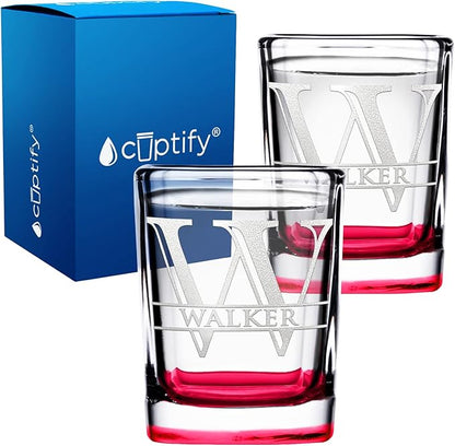 Personalized Glasses Set of 2 Initial and Name 2oz Red Bottom Etched Square Shot Glass Engraved with Custom Text Birthday Gift for Men and Women