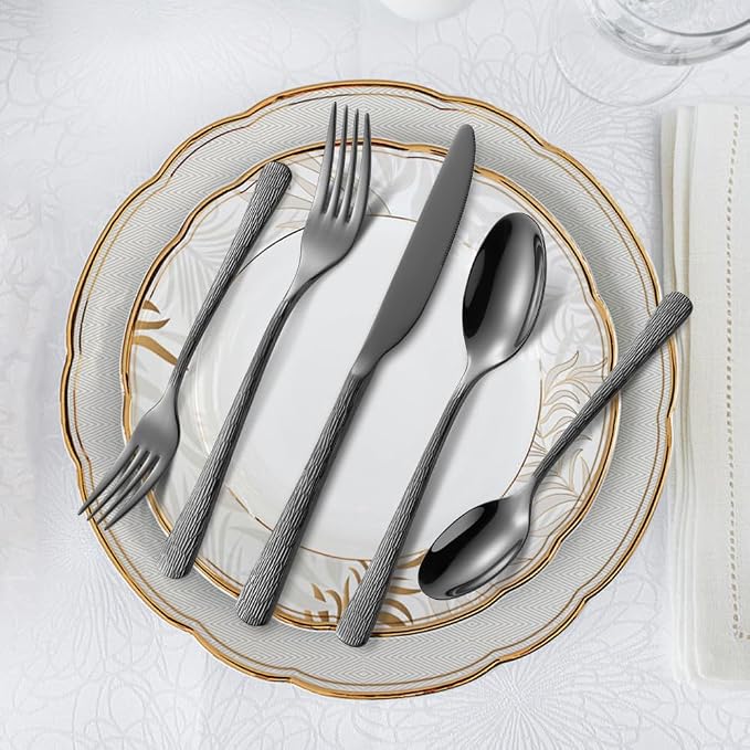 Hammered Black Silverware Set, Flatware Set, 18/10 Stainless Steel Premium - Image 2