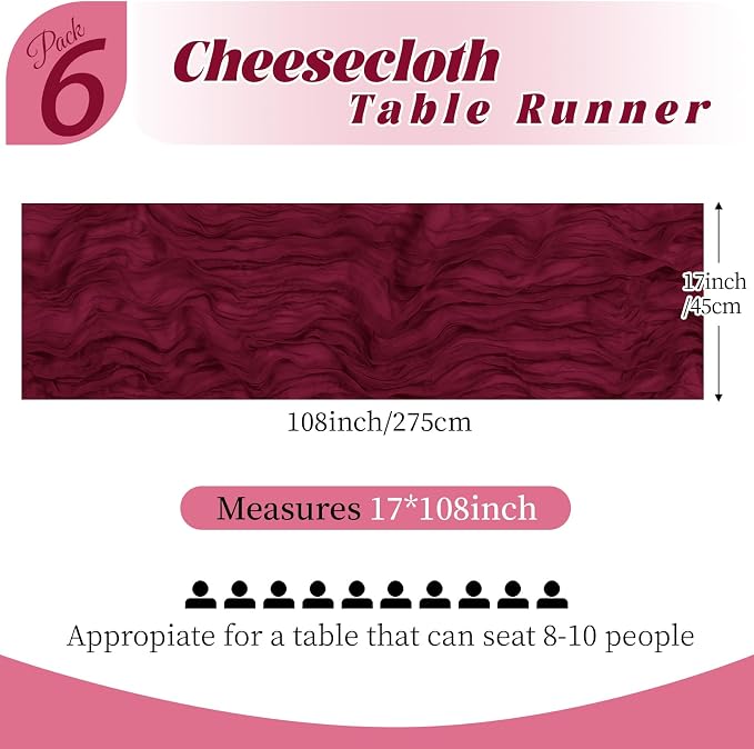 6 Pack Burgundy Cheesecloth Table Runner, 17 x 108 Inch, Gauze Cheese Cloth - Image 2