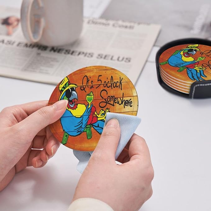 It's 5 O'Clock Somewhere Coasters Set of 6 Pu Leather Drinks Coaster - Image 7