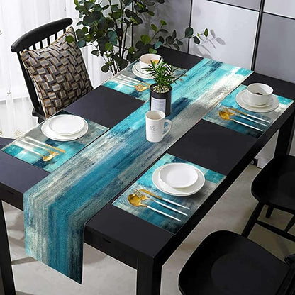 Teal Blue Abstract Table Runner and Place Mats Set of 6 Turquoise Teal by TQFZP