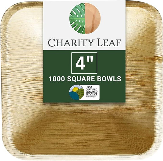 Charity Leaf Disposable Palm Leaf 4" Square Bowl (1000 pcs) Dipping Bowls | Bamboo Like| All Natural and Biodegradable | Charcuterie Boards, BBQs, and Parties
