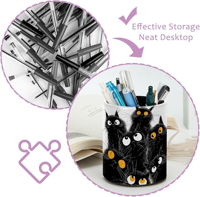 Black Cats Leather Pen Holder for Desk, Desktop Caddy Stationery Organizer for - Image 4