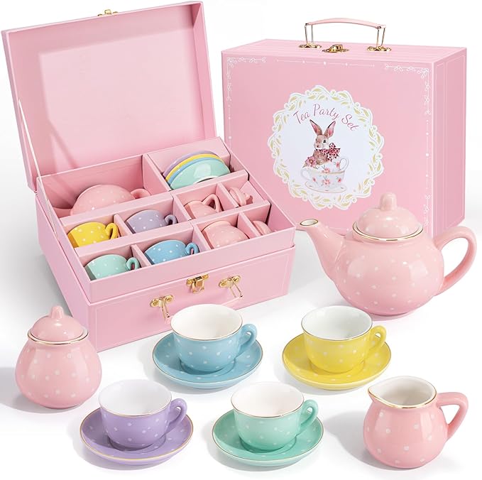 Porcelain Tea Set for Toddlers, Tea Party Set for Little Girls, Kids Tea Set by iAOVUEBY