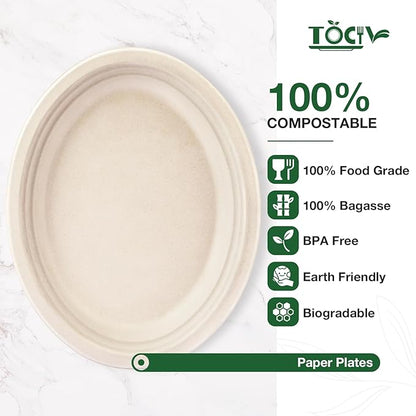 100% Compostable Paper Plates Oval 12.5in 125 Count Disposable Biodegradable Heavy Duty Large Sturdy Dinner Plates Bulk for Appetizer Dessert Cake Birthday Holiday Party Supplies