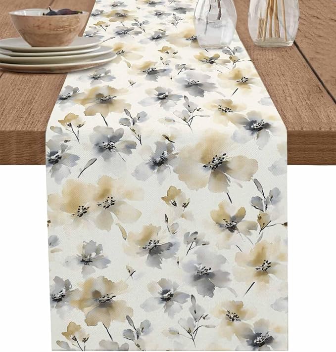 Watercolor Flower Table Runners 60 Inches Long, Cotton Linen Fabric Table by Edwiinsa