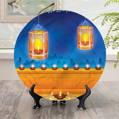Decorative Plates, Diwali Print Ornament, Diwali Night Candles, 7 Inch, 1 Plate with 1 Display Stand, Multicolor