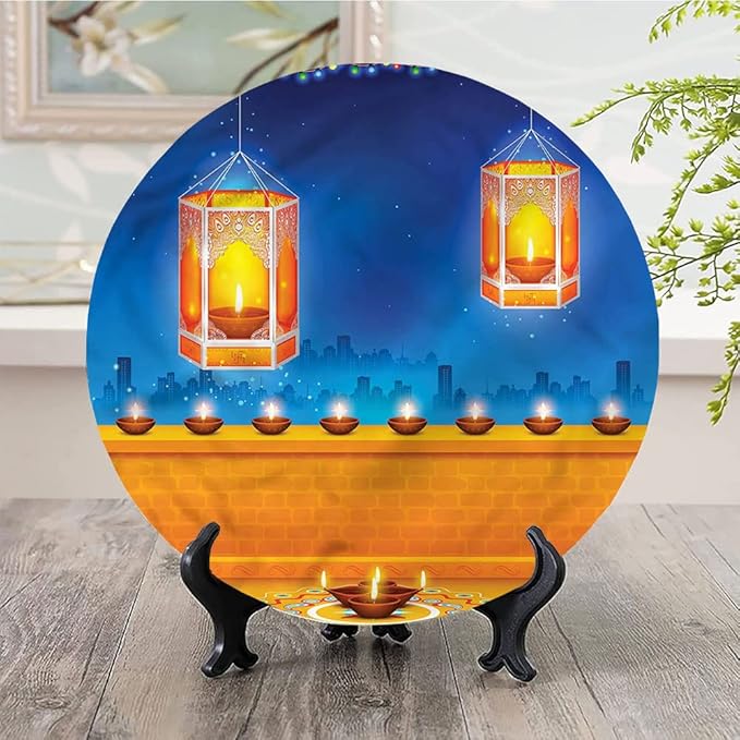 Ceramic Display Plate, Diwali Ceramic Hanging Decorative Plate, Diwali Night Candles, 10 Inch, Living Room Kitchen Decoration Household, Multicolor