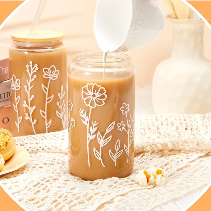 Mumufy 8 Pack Glass Cups Gift Aesthetic Cute Glass Cup Tumbler Flower Iced - Image 4