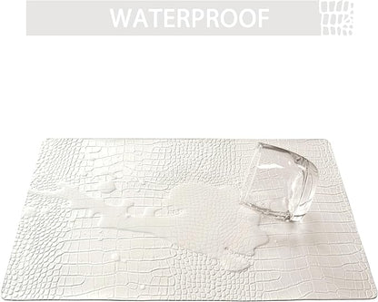Jovono Faux Leather Placemats Set of 6, Waterproof & Heat Resistant Dinner Place Mats for Dining Table, Non-Slip Crocodile Embossed, White (17.8x11.8 Inch)