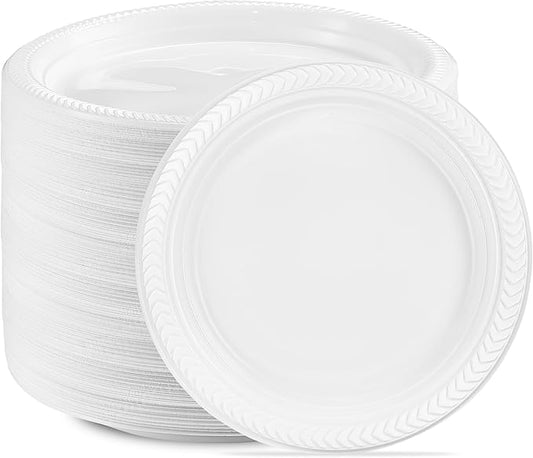 PLASTICPRO 400 PCS White Plastic Round 9 Inch Plastic Plates Premium Quality Light Weight Disposable Dishes Dinner Plates for Parties Weddings