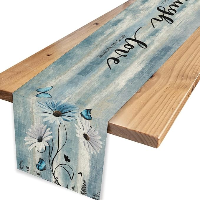 Blue Daisy Floral Table Runner, Spring Summer Floral Flower Boho Butterfly - Image 4