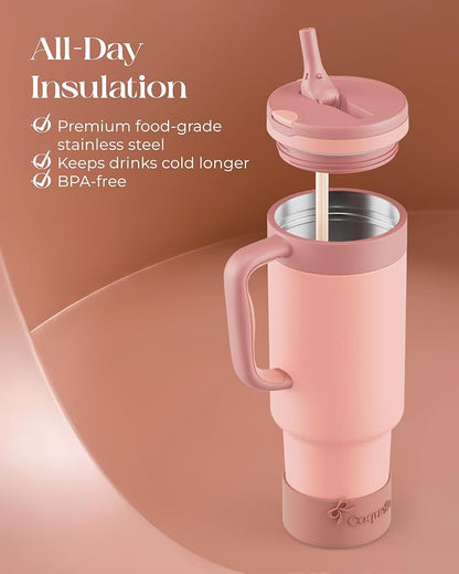 40 oz Insulated Tumbler with Handle and Push-Button Straw Lid, Stainless Steel - Image 4