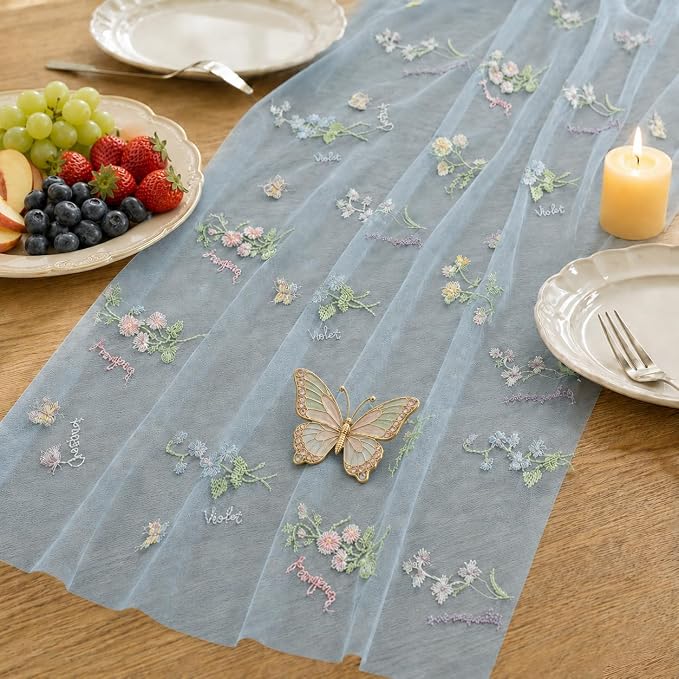 Wildflower Tulle Table Runner Butterfly Floral Wedding Party Home Decor | Blue - Image 5