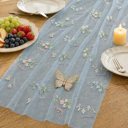 Wildflower Tulle Table Runner Butterfly Floral Wedding Party Home Decor | Blue - Image 5