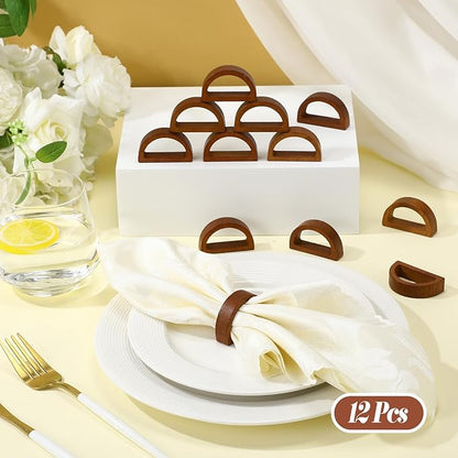 Remerry 12 Pcs Wooden Napkin Rings Handmade Dining Napkin Holder Buckles Farmhouse Semicircle Serviette Ring for Xmas Gathering Everyday Use Harvest Wedding Table Setting (Wood Color)