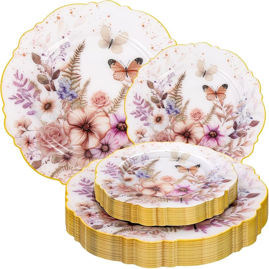 20Pack Spring Plates Flower- Baroque Fancy Butterfly Plates Disposable by WDF