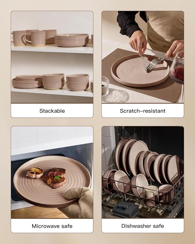 Stoneware Dinnerware Sets for 8, Plates and Bowls, Chip & Scratch Resistant - Image 5