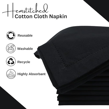 Hemstitched Cotton Napkins - Set of 12, 18x18 Inch - Black, Perfect for Christmas Dinner or Everyday Use